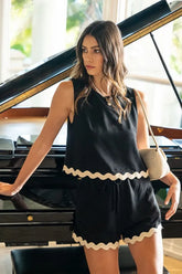 Ric Rac Trim Detailed Top & Shorts Set Annie Wear BLACK S